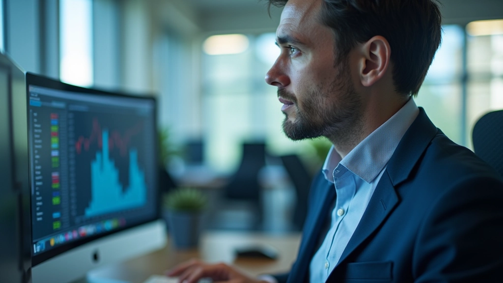 Data analyst reviewing transaction patterns on a dashboard with charts and statistics