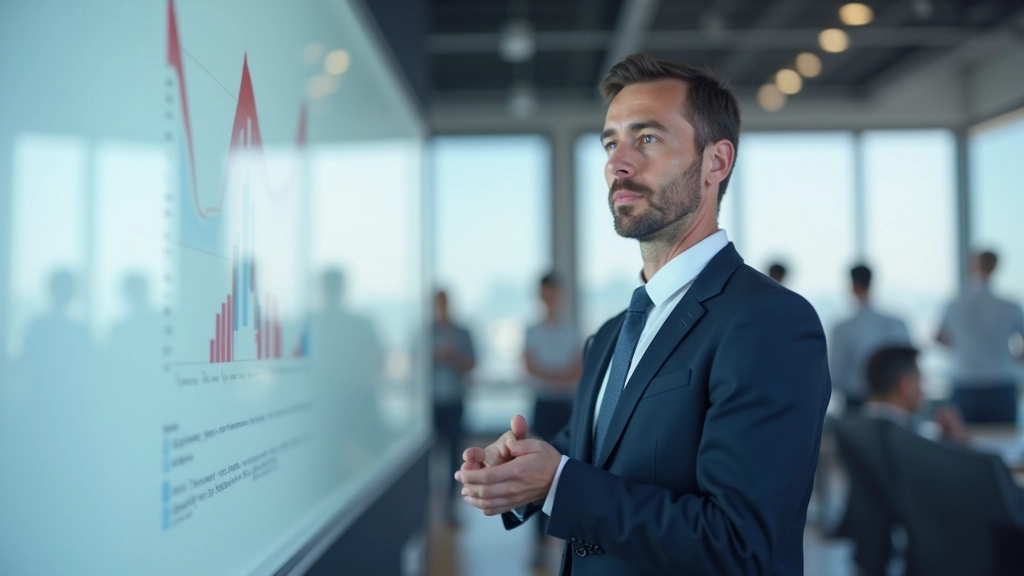 Person presenting model performance metrics on large screen to team during strategy meeting