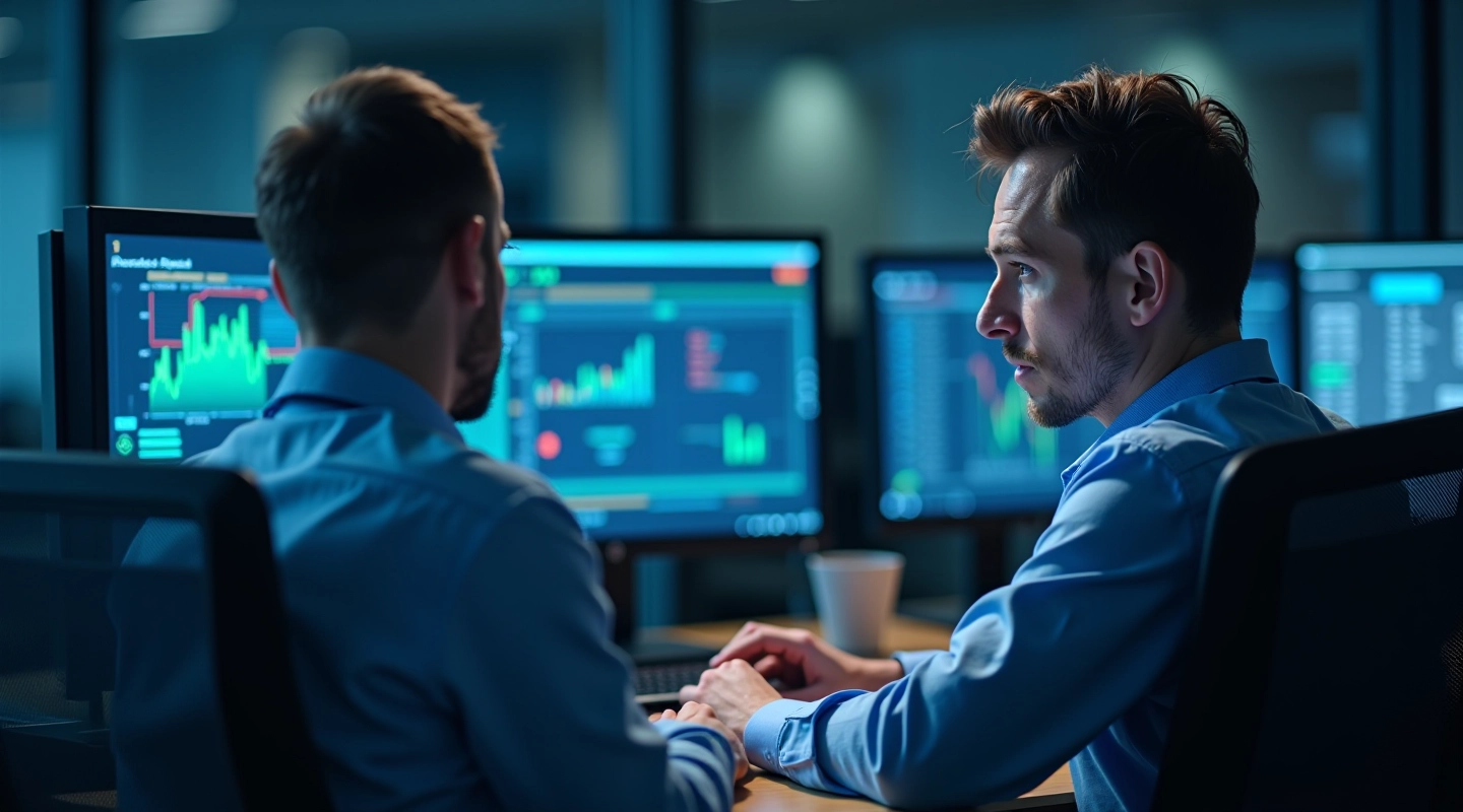 Data analyst reviewing transaction patterns on multiple screens in modern fraud detection center