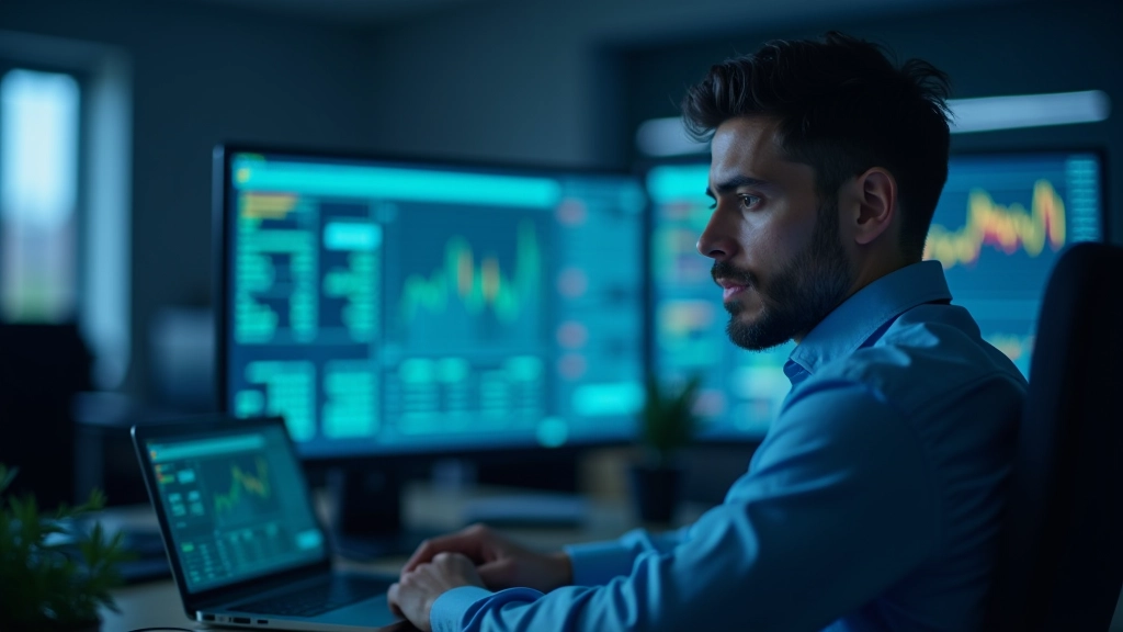 Fraud analyst examining transaction patterns on professional monitoring systems