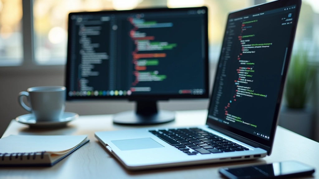 Developer's laptop showing code for data preprocessing and feature scaling in Python