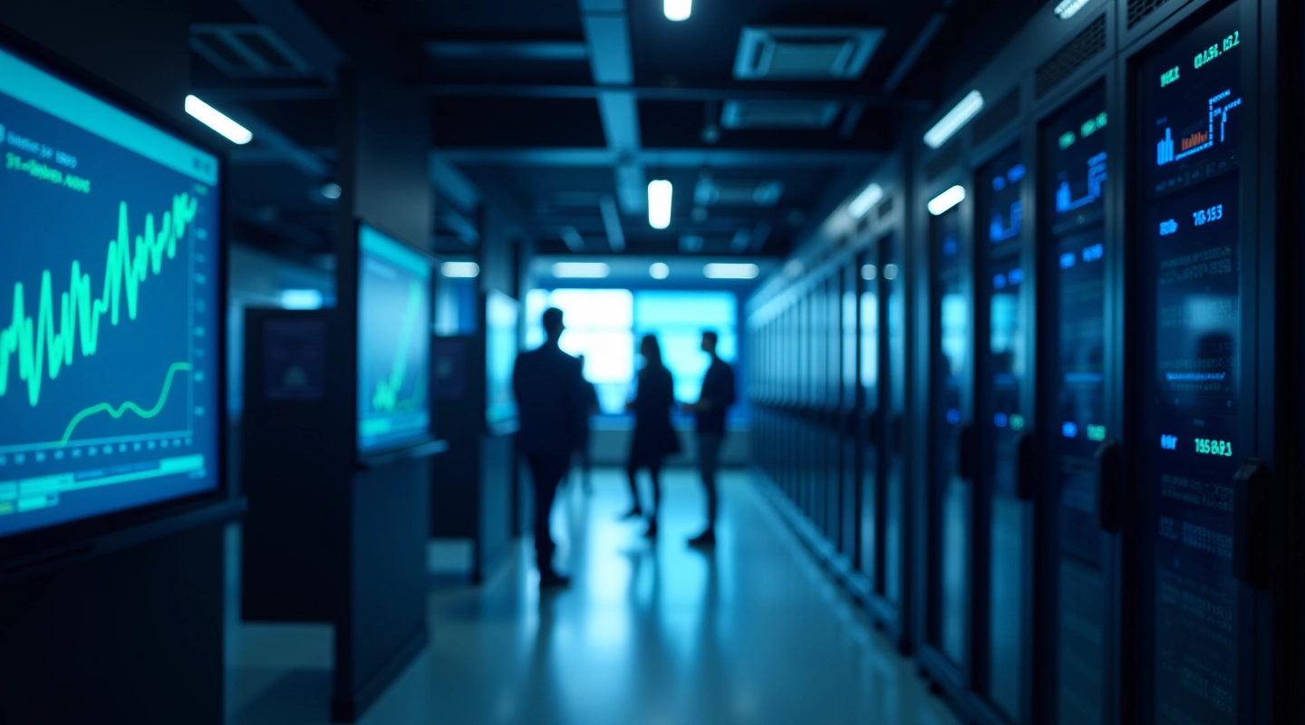 Modern data center with server infrastructure and analytics displays