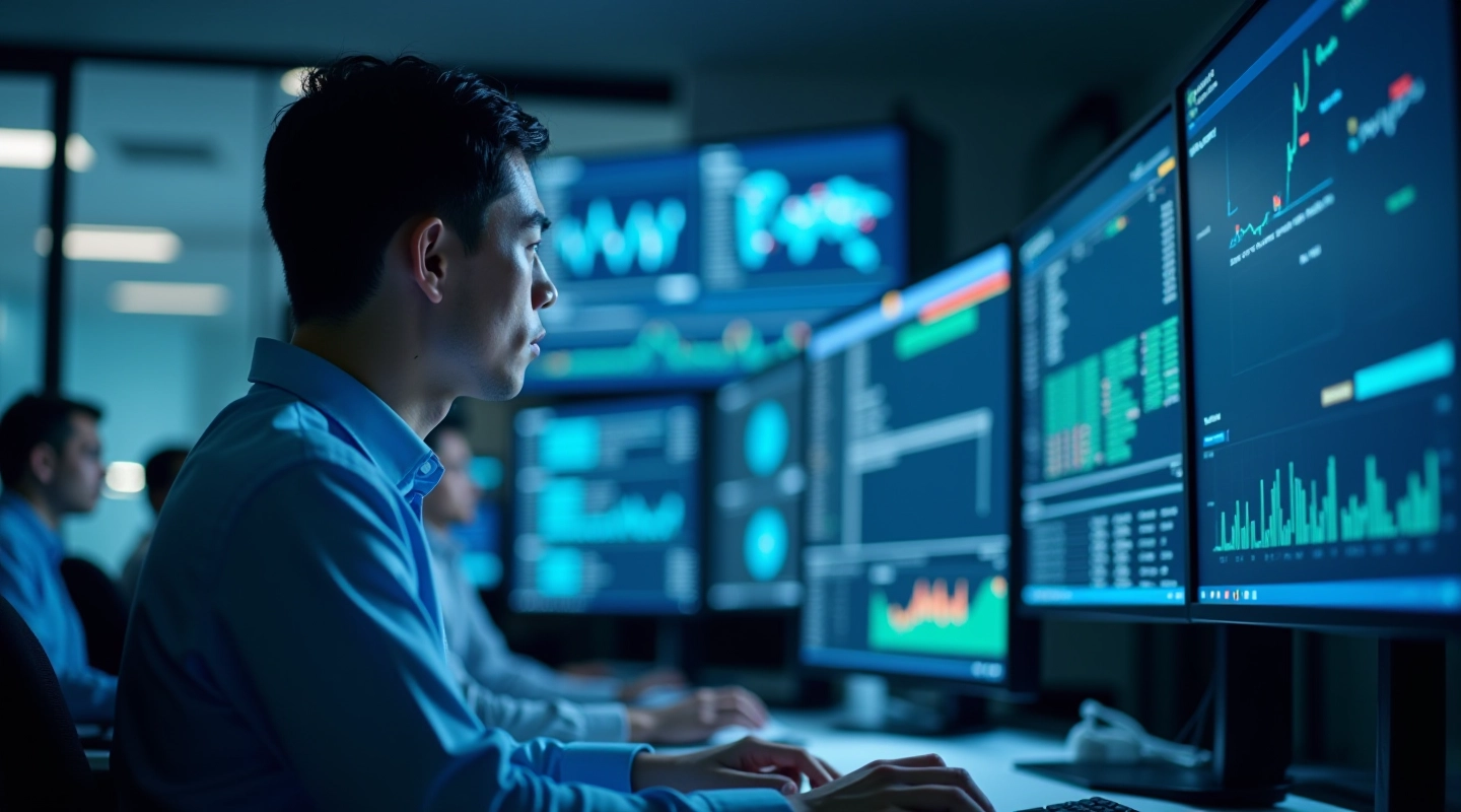 Advanced transaction monitoring center with multiple data streams and professional analysts working