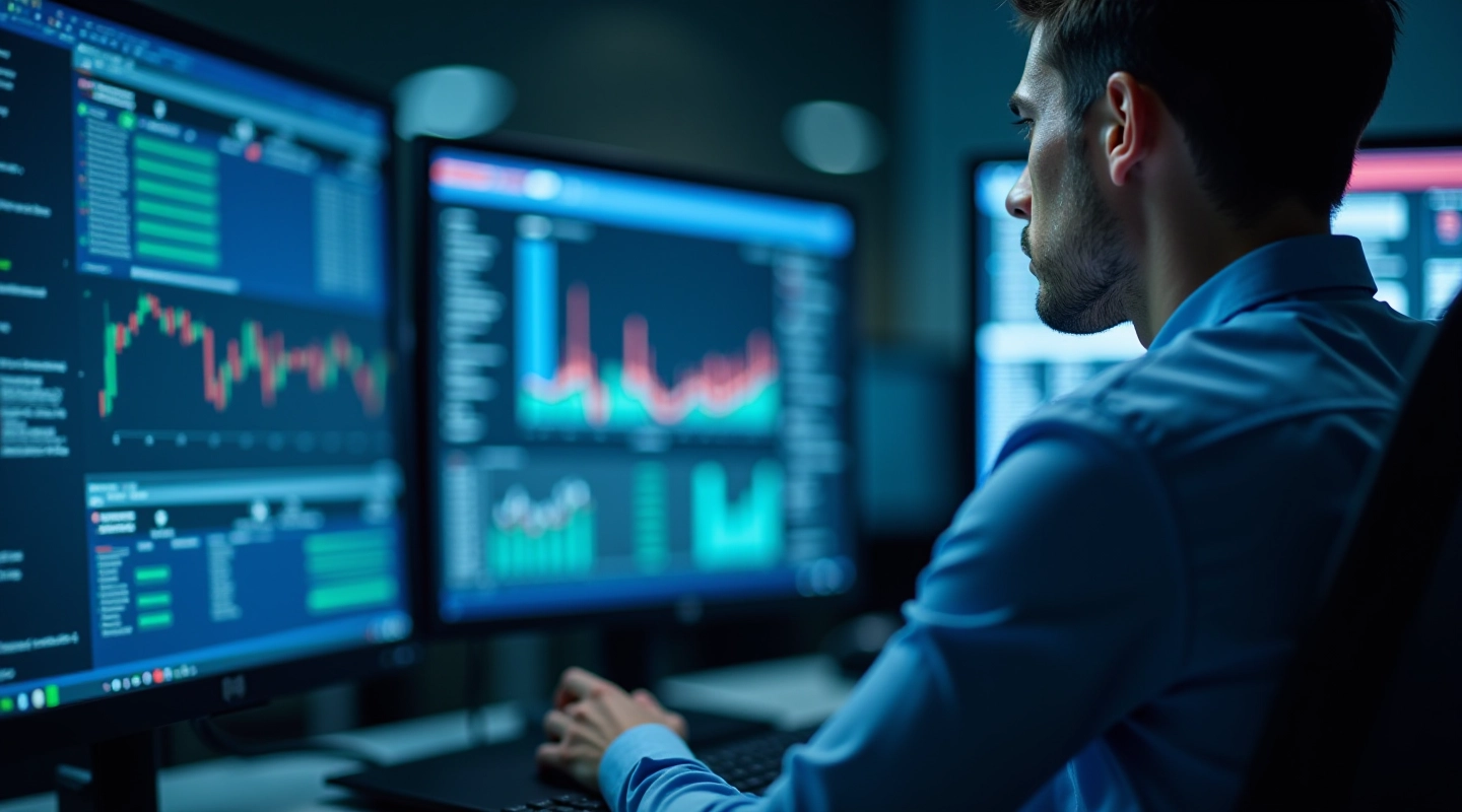 Person analyzing transaction data on multiple monitors in a modern fraud detection center